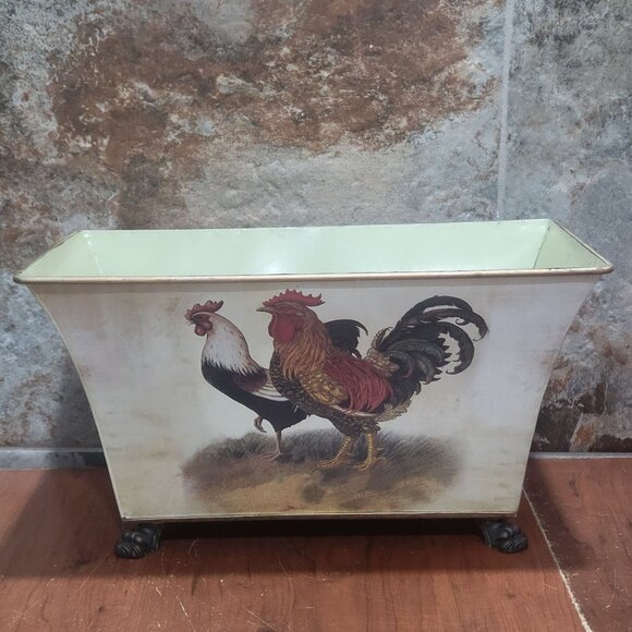 Vintage Rooster Chicken Metal Tin Rectangular Free Standing Plant Pot Planter - Picture 1 of 14